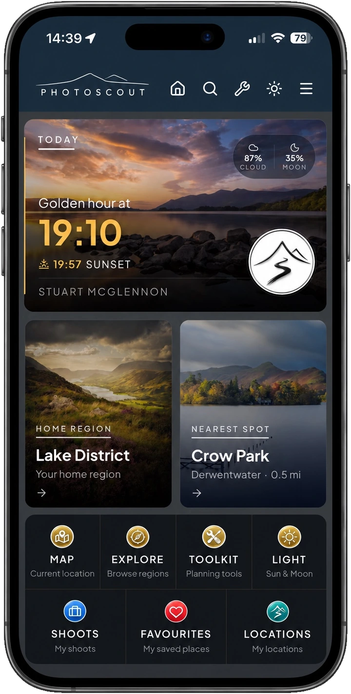 Photoscout home screen with the Lake District, local light and planning tools