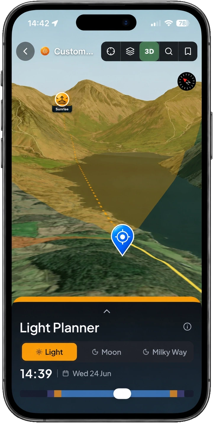 Photoscout Light Planner showing sunrise direction in a three-dimensional landscape