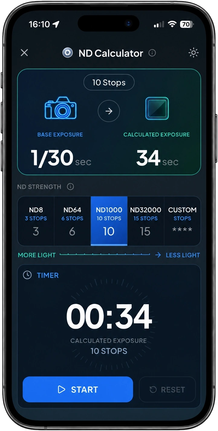 Photoscout ND Calculator with exposure conversion and timer